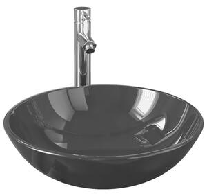 Chiuvetă baie robinet și scurgere tip push, negru sticlă călită