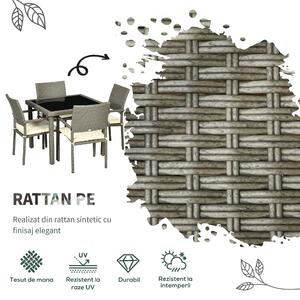 Outsunny Set Mobilier pentru Patio din Ratan PE, 5 Piese, Masă cu Blat de Sticlă și 4 Scaune cu Perne Moi, Gri | Aosom Romania