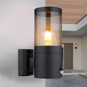 Globo Aplică de exterior Xeloo, cu lumină orientată în jos, negru/fum, senzor, IP44, reglabil, Negru, Metal