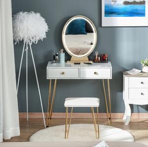 SEA71 - Set Masa toaleta, 80 cm, cosmetica machiaj, oglinda cu LED si scaun, masuta vanity - Alb-Auriu