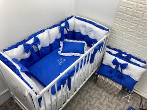 Lenjerie de pat cu 6 apărători matlasate Bicolore și fundițe Albastru royal- alb