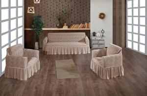 Set huse elastice pentru canapea 3 Locuri si 2 fotolii, cu volanas, model Jacquard Bej in dungi