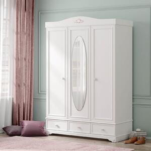Dulap Cilek, 3 usi, oglinda inclusa, 140x60x204 cm, PAL alb, colectia Rustic White