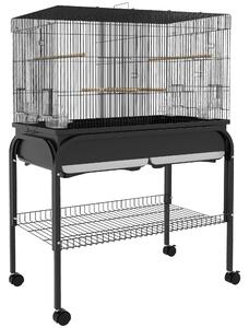 PawHut Colivie pentru Păsări de Interior cu Tăviță, Raft și Roți, Volieră din Oțel pentru Perusi, Canari, Nimfe și Papagali, Negru, 85 x 49 x 119 cm | Aosom Romania
