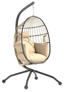 Outsunny Fotoliu Suspendat Tip Ou cu Lanț Reglabil, 2 Perne Detașabile și Suport pentru Pahare, Scaun Balansoar Pliabil pentru Grădină, Bază în X din Oțel, pentru Interior și Exterior, 120x88x192 cm, Bej | Aosom Romania