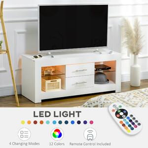 Comodă TV HOMCOM 55" cu LED 12 Culori, Telecomandă, Lemn, Etajere Sticlă, 120x40x50cm, Alb | Aosom Romania
