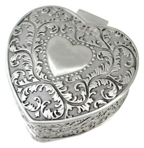 Caseta antimoniu metalica Pufo Love pentru depozitare si organizare bijuterii si accesorii, model in forma de inima, argintiu