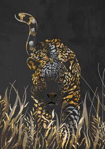 Ilustrare Black gold jaguar in grass, Sarah Manovski, (30 x 40 cm)