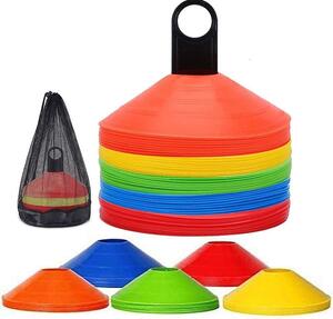 Set 50 jaloane tip con, pentru antrenamente sportive, PVC flexibil multicolor, cu suport si husa transport