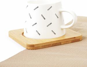Cana ceramica cu suport din lemn si lingurita Pufo Future pentru cafea sau ceai, 220 ml, alb