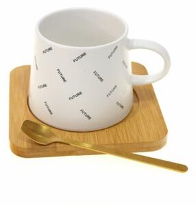 Cana ceramica cu suport din lemn si lingurita Pufo Future pentru cafea sau ceai, 220 ml, alb