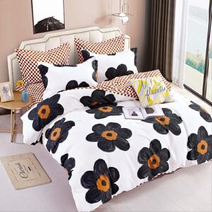 Lenjerie de pat, 2 persoane, finet, 6 piese, alb si maro, cu flori negre, LF301