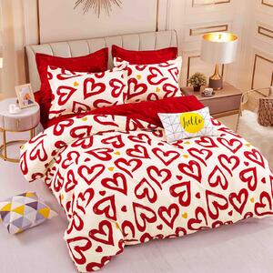 Lenjerie de pat, 2 persoane, finet, 6 piese, crem și roșu, cu inimi roșii, LF309