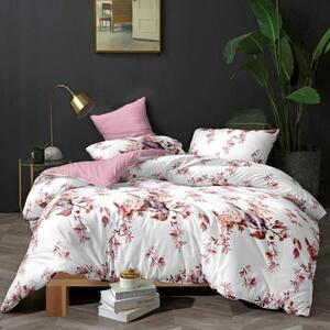 Lenjerie de pat, 2 persoane, bumbac satinat, 4 piese, cu elastic, alb si roz, cu flori roz, LS406