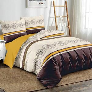 Lenjerie de pat, 2 persoane, bumbac satinat, 4 piese, cu elastic, crem si galben, cu model maro, LS410