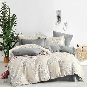 Lenjerie de pat, 2 persoane, bumbac satinat, 4 piese, cu elastic, crem si gri, cu flori albe, LS403