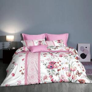 Lenjerie de pat, 2 persoane, bumbac satinat, 4 piese, cu elastic, alb si roz, cu flori si fluturi, LS407