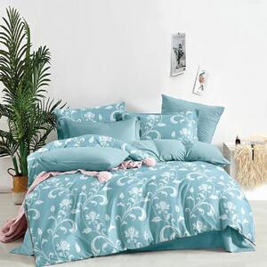 Lenjerie de pat, 2 persoane, bumbac satinat, 4 piese, cu elastic, albastru, cu flori albe, LS405