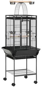 PawHut Colivie pentru Perusi cu 2 Stinghii de Lemn si Scara Acuita, Cusca pentru Pasari din Otel cu Intrari Multiple, 62.5x62.5x156 cm, Gri