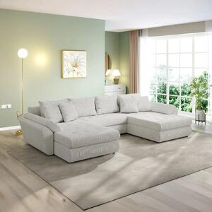 Colțar extensibil dumonde cu ladă de depozitare si sezut confortabil din spuma high-density, Loana U Zoom Cream 375x185 cm