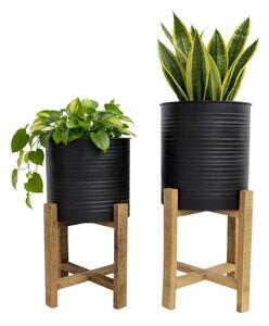 Set jardiniere metal ondulat picioare lemn