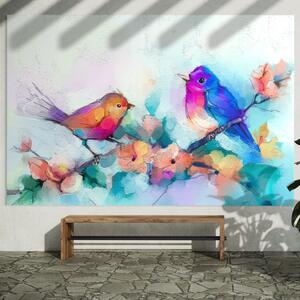 Tablou Canvas Premium LuxCanva® A1335, Two Birds , Living, Pasari, Flori, Multicolor, Dormitor, Culori Vibrante