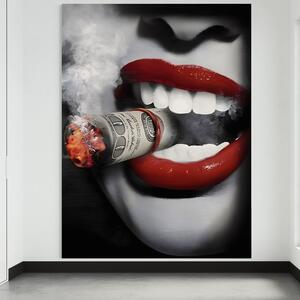 Tablou Canvas Premium LuxCanva® A1301, Dollar Cigarette , Living, Buze Rosii, Femeie, Fum, Cash, Dressing, Culori Vibrante