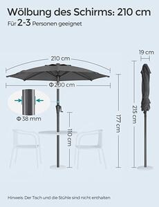 Umbrela de soare, Songmics, 30 grade, 210 cm, UPF 50+, Gri