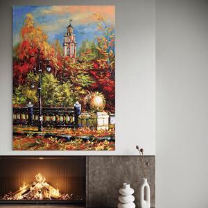 Tablou Canvas Premium LuxCanva® A1287, Cladirea Cu Ceas , Living, Toamna, Frunze, Copaci, Felinar, Dormitor, Culori Vibrante