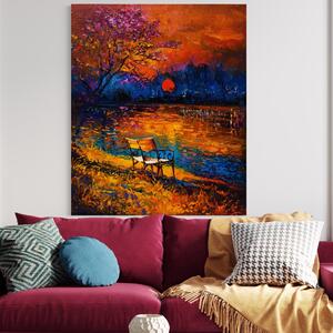 Tablou Canvas Premium LuxCanva® A1284, Luna Rosie , Living, Banca, Lac, Padure, Copac, Dormitor, Culori Vibrante