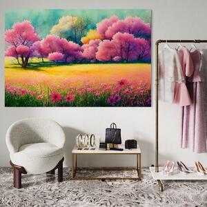 Tablou Canvas Premium LuxCanva® A1277, Copaci Roz , Living, Flori, Campie, Arbori, Cer, Dormitor, Culori Vibrante