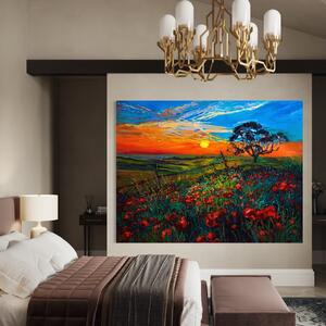 Tablou Canvas Premium LuxCanva® A1276, Flori La Apus , Living, Maci, Soare, Cer, Camp, Dormitor, Culori Vibrante