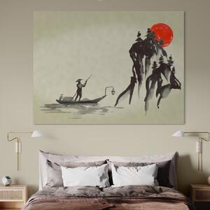 Tablou Canvas Premium LuxCanva® A1272, Japan Traditional Sumi , Living, Sakura, Barca, Apa, Dormitor, Culori Vibrante