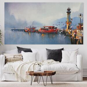 Tablou Canvas Premium LuxCanva® A1263, Red Boats , Port, Barci, Far, Mare, Dormitor, Culori Vibrante