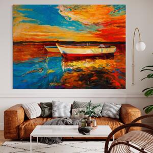 Tablou Canvas Premium LuxCanva® A1251, Apus Pe Mare , Decorativ, Living, Barci, Apa, Portocaliu, Cer, Dormitor, Culori Vibrante