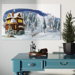 Tablou Canvas Premium LuxCanva® A1240, Peisaj De Poveste , Decorativ, Living, Peisaj, Zapada, Casa, Brad, Iarna, Dormitor, Culori Vibrante