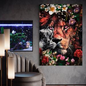 Tablou Canvas Premium LuxCanva® A1211, Lion With Flowers , Leu, Regele Junglei, Flori, Colorat, Safari, Culori Vibrante