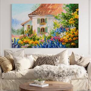 Tablou Canvas Premium LuxCanva® A1109, Casa Din Gradina , Peisaj, Natura, Flori Galbene, Culori Vibrante