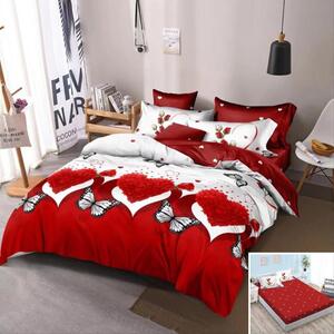 Lenjerie de pat, 2 persoane, finet, 6 piese, cu elastic, alb și roșu, cu fluturi și inimi, LEL201