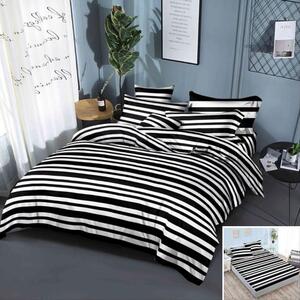 Lenjerie de pat, 2 persoane, finet, 6 piese, cu elastic, alb si negru, cu linii, LEL196