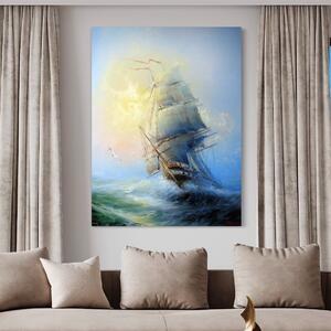 Tablou Canvas Premium LuxCanva® A1063, Vapor Pe Mare , Valuri, Furtuna, Vele, Culori Vibrante