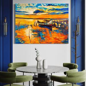 Tablou Canvas Premium LuxCanva® A1064, Barca La Apus , Ponton, Portocaliu, Mare, Abstract, Culori Vibrante