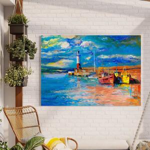 Tablou Canvas Premium LuxCanva® A1059, Barci In Port , Peisaj, Far, Apus de Soare, Cer Albastru, Culori Vibrante