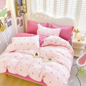 Lenjerie de pat, 2 persoane, finet, 6 piese, cu elastic, roz și alb, cu inimioare și dungi, LEL235