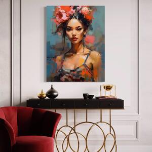 Tablou Canvas Premium LuxCanva® A1410, Fata Cu Flori In Par , Room, Femeie, Frumusete, Senzualitate, Decorativ, Studio, Culori Vibrante