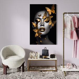 Tablou Canvas Premium LuxCanva® A1424, Butterfly Woman , Living, Frumusete, Femeie, Fluturi, Auriu, Decorativ, Culori Vibrante