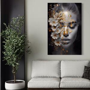 Tablou Canvas Premium LuxCanva® A1428, Face With Flowers , Dormitor, Femeie, Flori, Auriu, Decorativ, Living, Culori Vibrante