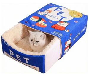 Fluffybox™ Pat Pentru Pisici, în Formă De Cutie, Din Pluș, Albastru