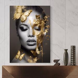 Tablou Canvas Premium LuxCanva® A1465, Vraja Fluturilor , Living, Femeie, Frumusete, Auriu, Decorativ, Culori Vibrante