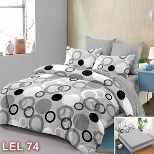 Lenjerie de pat, 2 persoane, finet, 6 piese, cu elastic, gri , cu cerculete negre LEL74